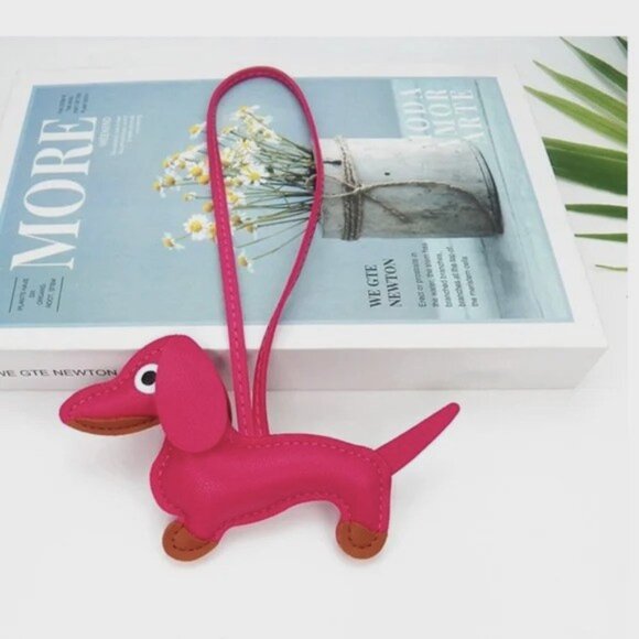 Pink Dachshund Leather Bag Charm Keychain Dog Purse Accessory - Picture 3 of 6